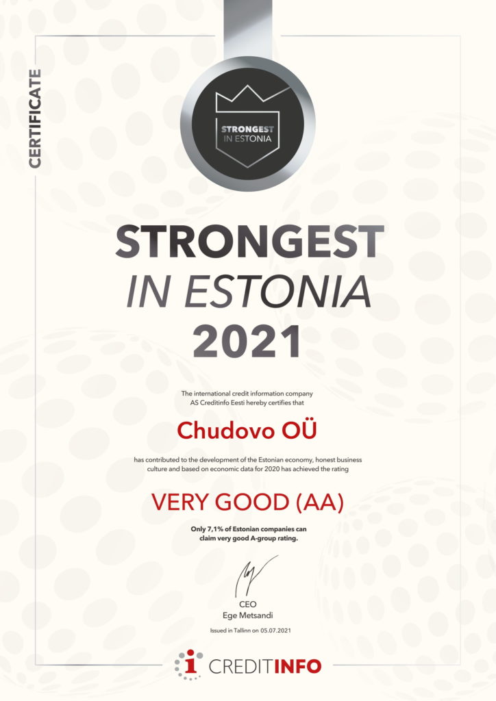 Chudovo OÜ awarded ‘Strongest in Estonia 2021’ with credit rating AA