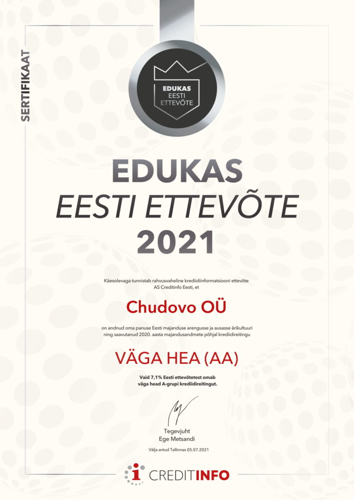 Chudovo OÜ als „Estlands 2021 Stärkste“ mit AA Kreditrating ausgezeichnet